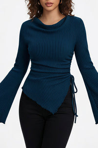 Willluxe® Asymmetrical Ruched Cowl Neck Ribbed Long Sleeve Top