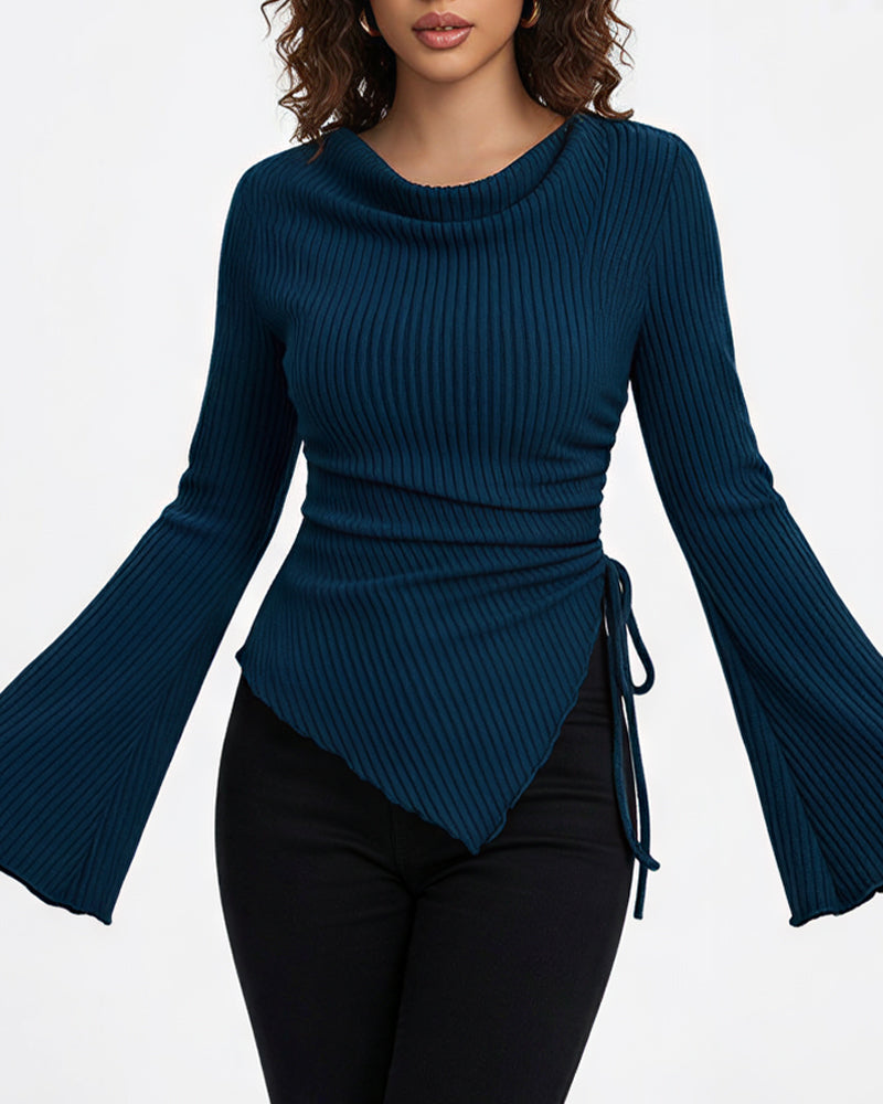 Willluxe® Asymmetrical Ruched Cowl Neck Ribbed Long Sleeve Top