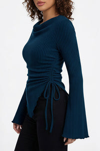 Willluxe® Asymmetrical Ruched Cowl Neck Ribbed Long Sleeve Top
