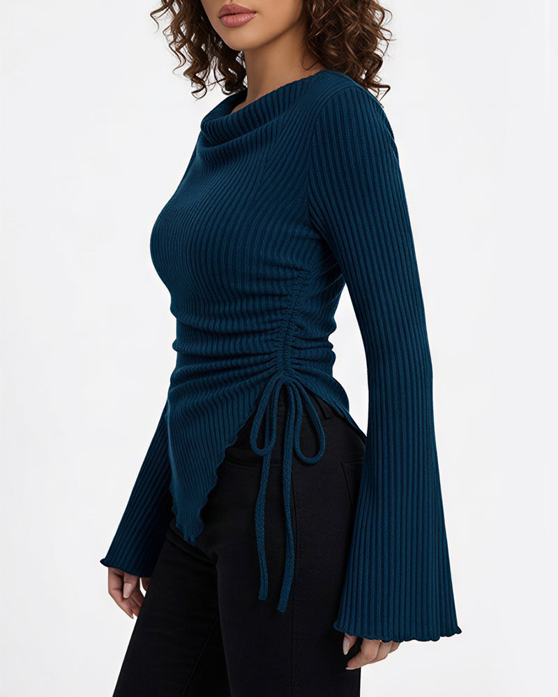 Willluxe® Asymmetrical Ruched Cowl Neck Ribbed Long Sleeve Top