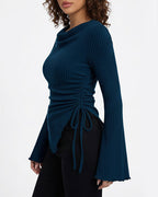Willluxe® Asymmetrical Ruched Cowl Neck Ribbed Long Sleeve Top