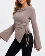 Willluxe® Asymmetrical Ruched Cowl Neck Ribbed Long Sleeve Top