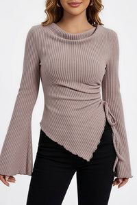 Willluxe® Asymmetrical Ruched Cowl Neck Ribbed Long Sleeve Top