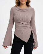 Willluxe® Asymmetrical Ruched Cowl Neck Ribbed Long Sleeve Top