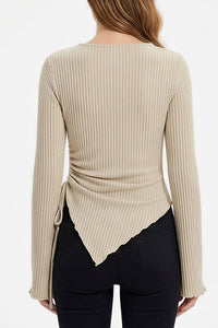 Willluxe® Asymmetrical Ruched Cowl Neck Ribbed Long Sleeve Top