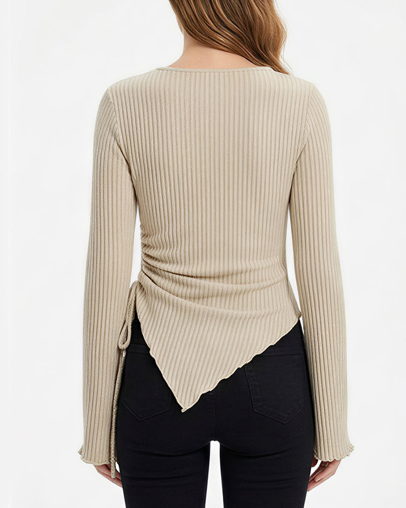 Willluxe® Asymmetrical Ruched Cowl Neck Ribbed Long Sleeve Top