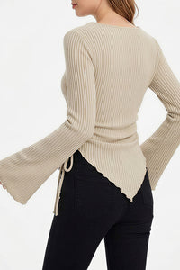 Willluxe® Asymmetrical Ruched Cowl Neck Ribbed Long Sleeve Top