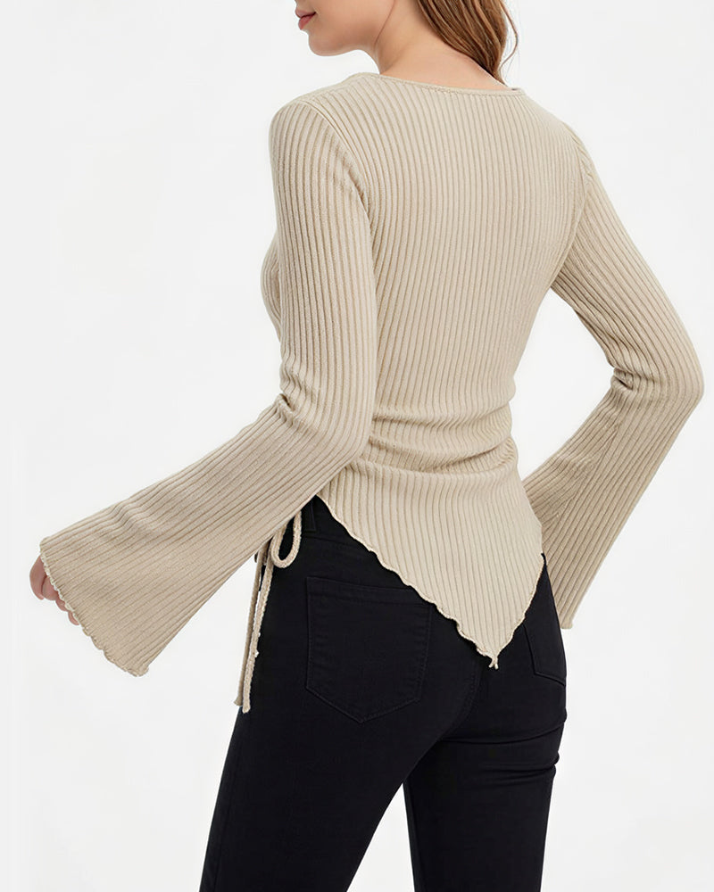 Willluxe® Asymmetrical Ruched Cowl Neck Ribbed Long Sleeve Top