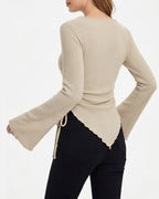 Willluxe® Asymmetrical Ruched Cowl Neck Ribbed Long Sleeve Top