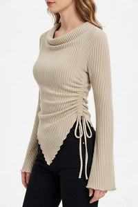 Willluxe® Asymmetrical Ruched Cowl Neck Ribbed Long Sleeve Top