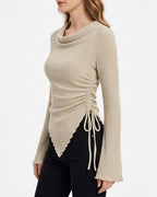 Willluxe® Asymmetrical Ruched Cowl Neck Ribbed Long Sleeve Top