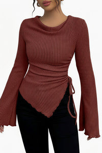 Willluxe® Asymmetrical Ruched Cowl Neck Ribbed Long Sleeve Top