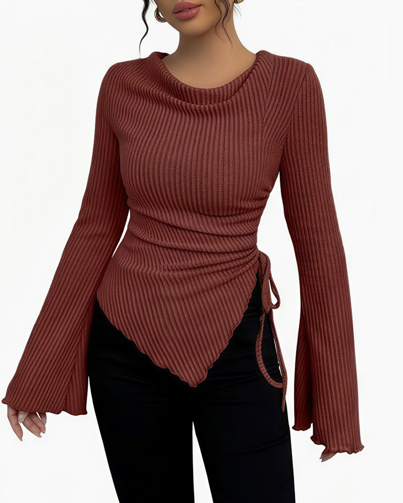 Willluxe® Asymmetrical Ruched Cowl Neck Ribbed Long Sleeve Top