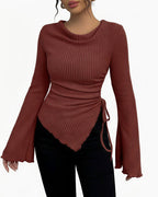 Willluxe® Asymmetrical Ruched Cowl Neck Ribbed Long Sleeve Top