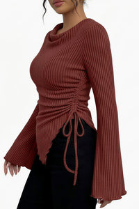 Willluxe® Asymmetrical Ruched Cowl Neck Ribbed Long Sleeve Top