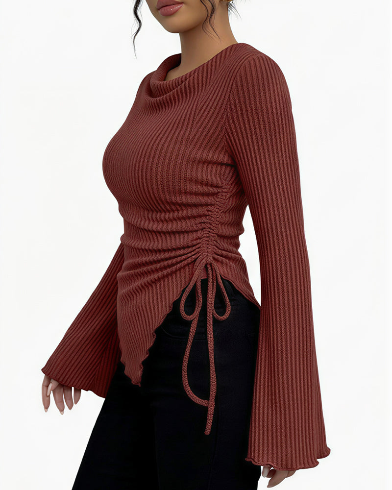Willluxe® Asymmetrical Ruched Cowl Neck Ribbed Long Sleeve Top