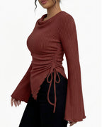 Willluxe® Asymmetrical Ruched Cowl Neck Ribbed Long Sleeve Top