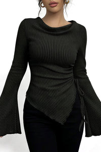 Willluxe® Asymmetrical Ruched Cowl Neck Ribbed Long Sleeve Top