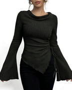 Willluxe® Asymmetrical Ruched Cowl Neck Ribbed Long Sleeve Top