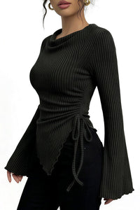 Willluxe® Asymmetrical Ruched Cowl Neck Ribbed Long Sleeve Top