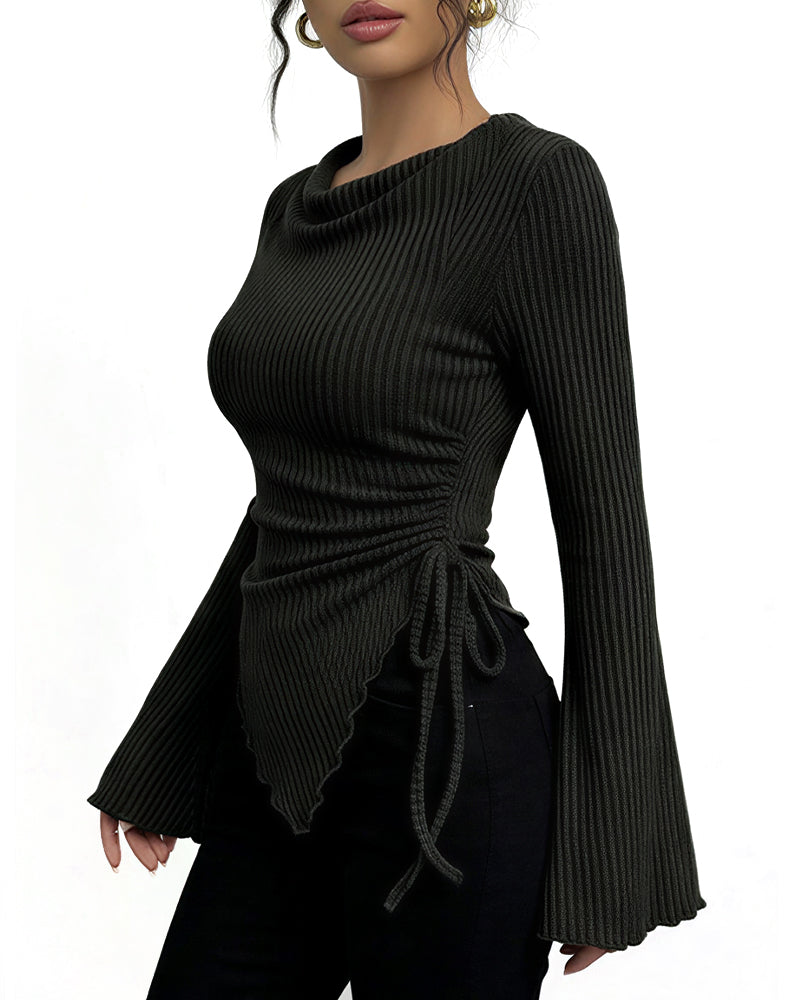 Willluxe® Asymmetrical Ruched Cowl Neck Ribbed Long Sleeve Top