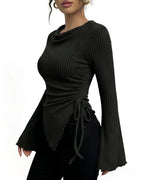 Willluxe® Asymmetrical Ruched Cowl Neck Ribbed Long Sleeve Top