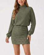 Willluxe® Mock Neck Ribbed Knit Ruched Bodycon Mini Dress