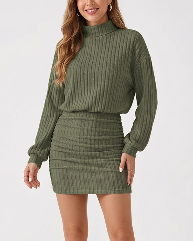 Willluxe® Mock Neck Ribbed Knit Ruched Bodycon Mini Dress