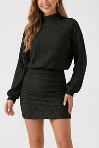 Willluxe® Mock Neck Ribbed Knit Ruched Bodycon Mini Dress