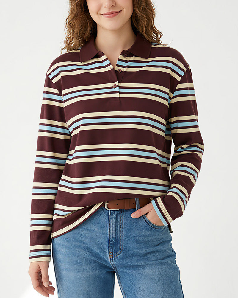 Willluxe® Retro Striped Long Sleeve Polo Shirt