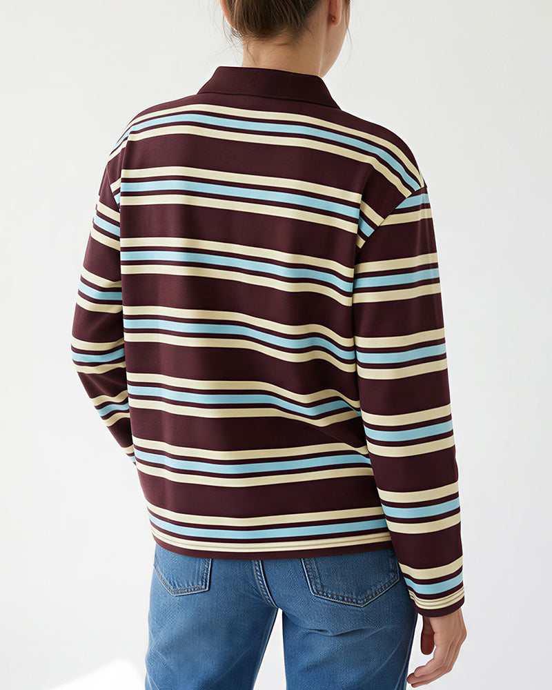 Willluxe® Retro Striped Long Sleeve Polo Shirt