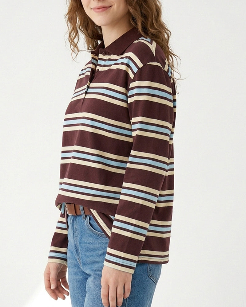 Willluxe® Retro Striped Long Sleeve Polo Shirt