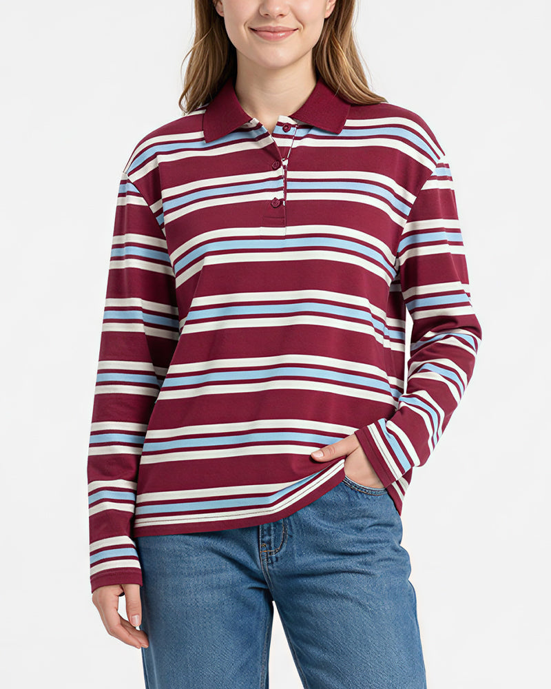 Willluxe® Retro Striped Long Sleeve Polo Shirt
