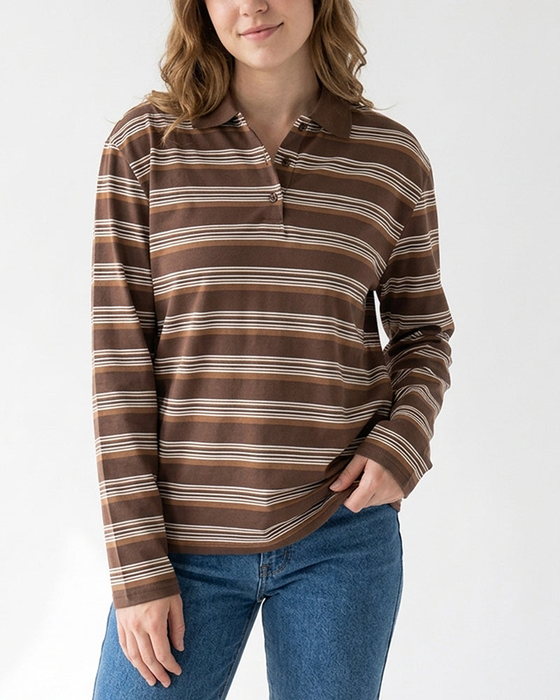Willluxe® Retro Striped Long Sleeve Polo Shirt