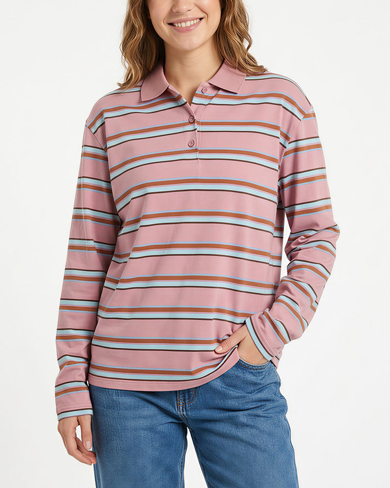 Willluxe® Retro Striped Long Sleeve Polo Shirt