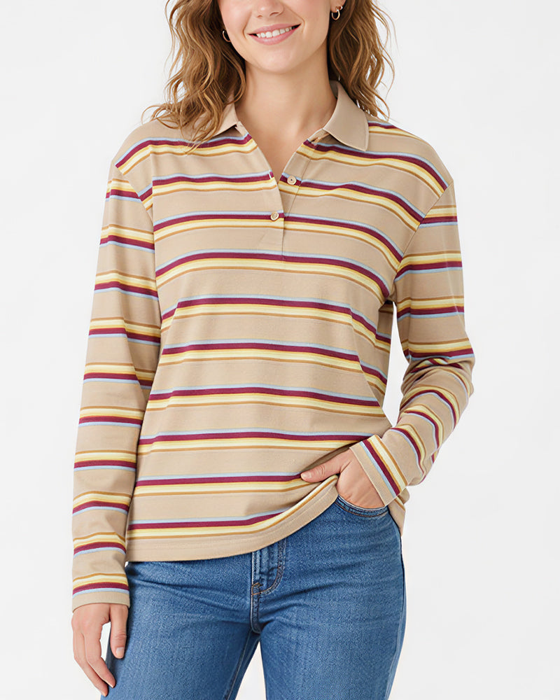 Willluxe® Retro Striped Long Sleeve Polo Shirt