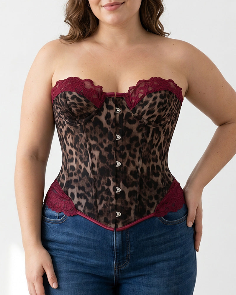 Willluxe® Vintage Leopard Print Mesh Boned Corset Top