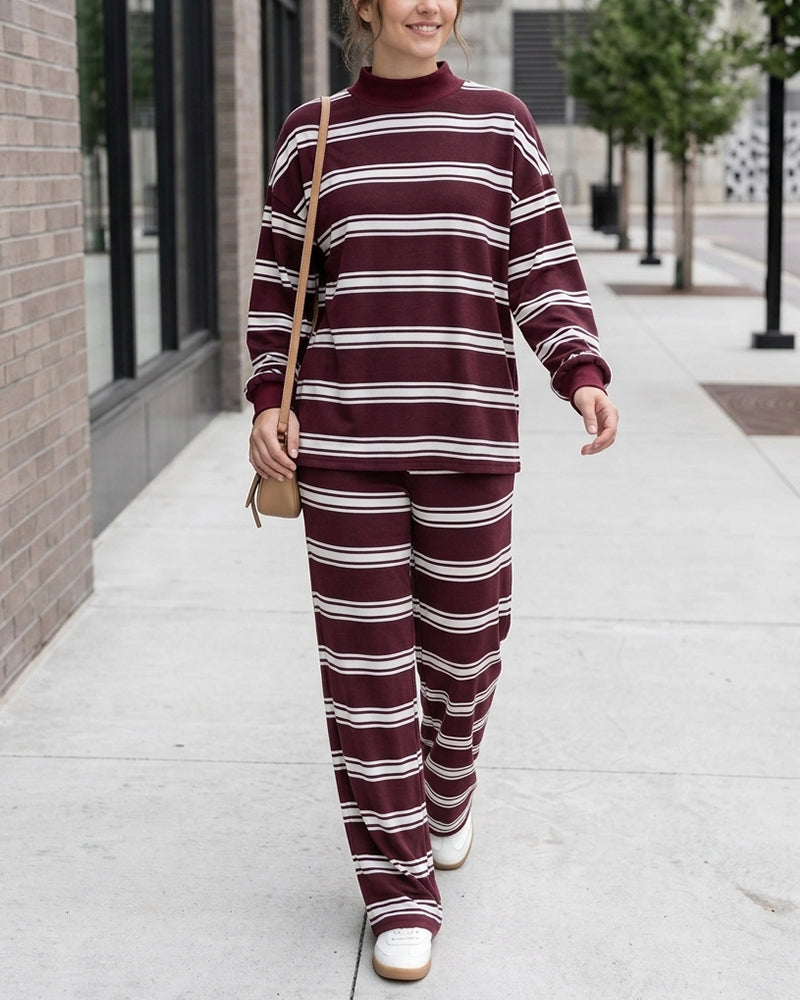 Willluxe® Mock Neck Pullover Striped 2-Piece Lounge Set