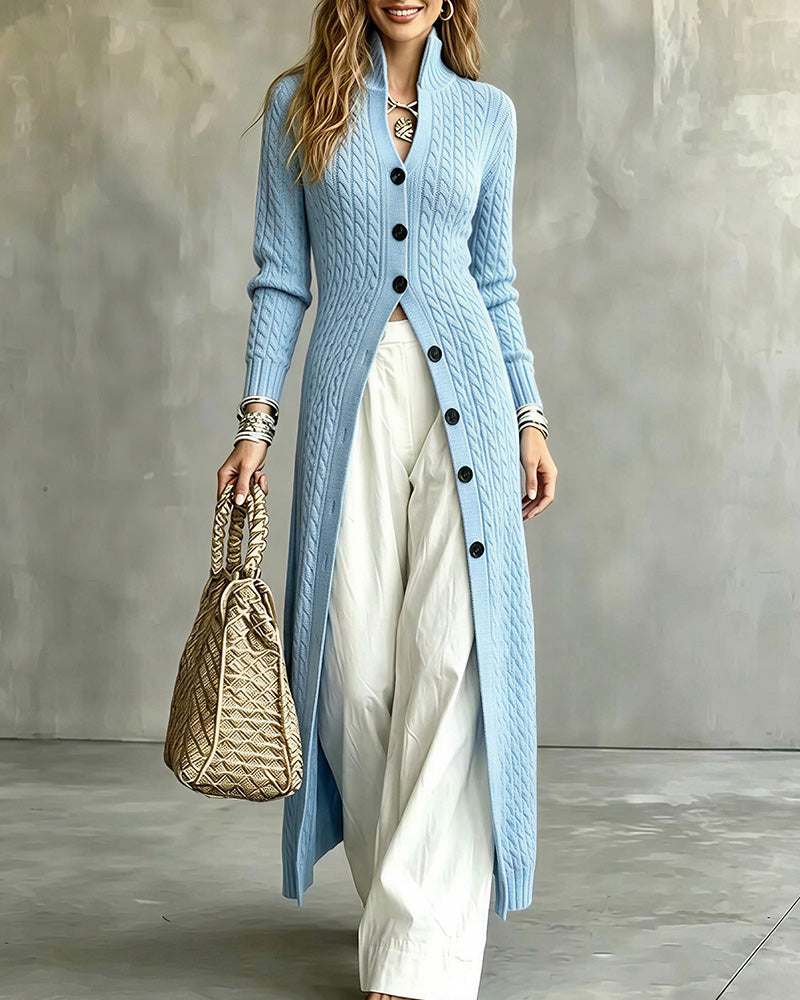 Willluxe® Cable Knit Stand Collar Long Cardigan Coat