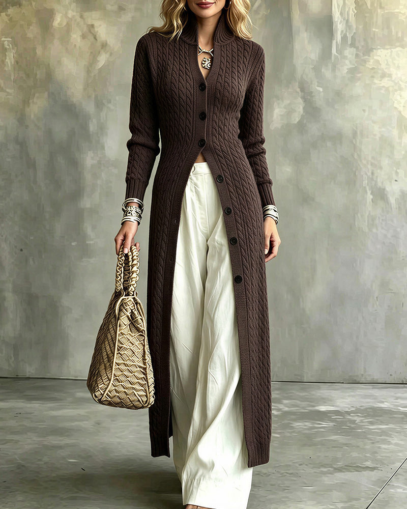 Willluxe® Cable Knit Stand Collar Long Cardigan Coat