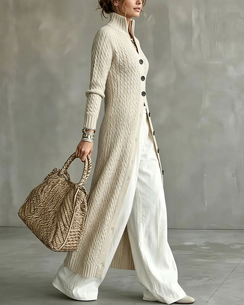 Willluxe® Cable Knit Stand Collar Long Cardigan Coat