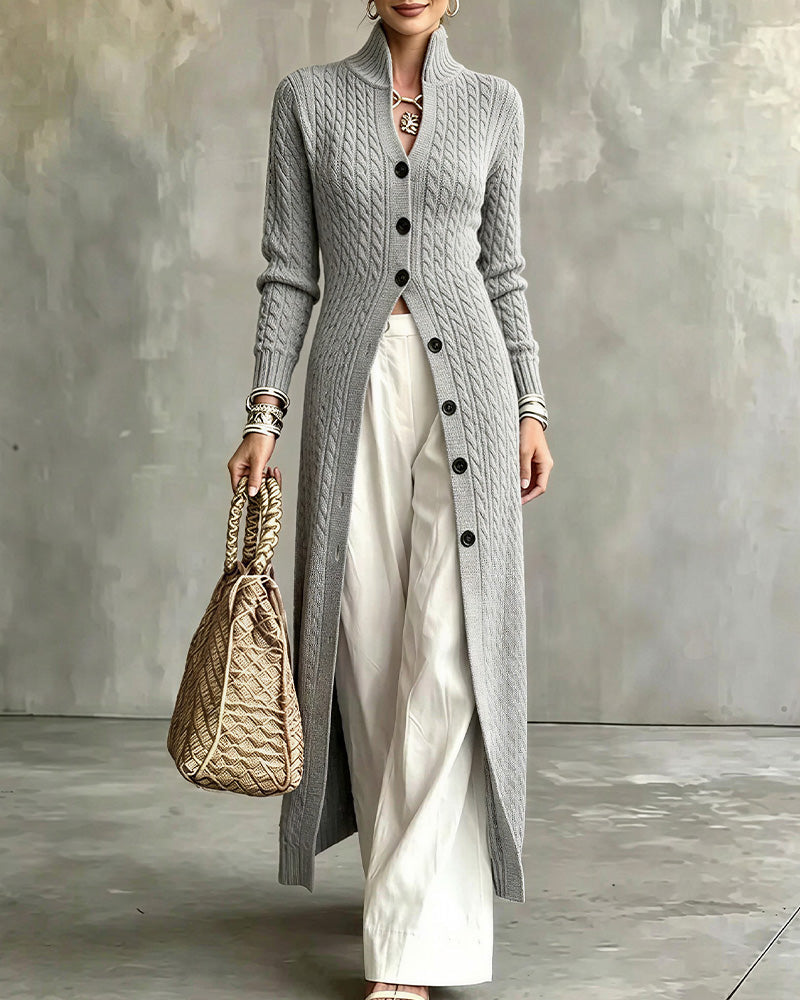 Willluxe® Cable Knit Stand Collar Long Cardigan Coat