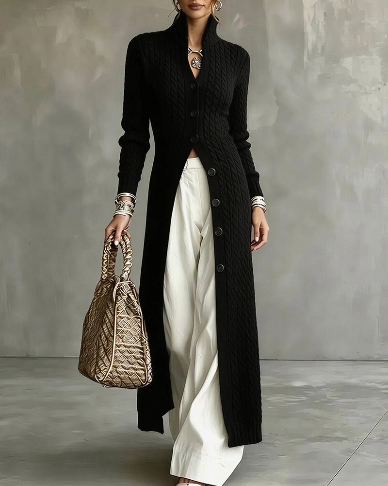 Willluxe® Cable Knit Stand Collar Long Cardigan Coat