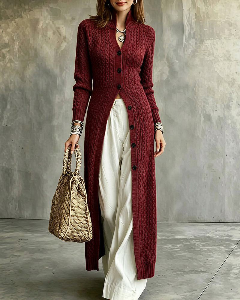 Willluxe® Cable Knit Stand Collar Long Cardigan Coat