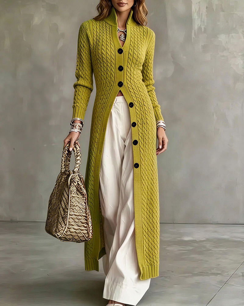 Willluxe® Cable Knit Stand Collar Long Cardigan Coat
