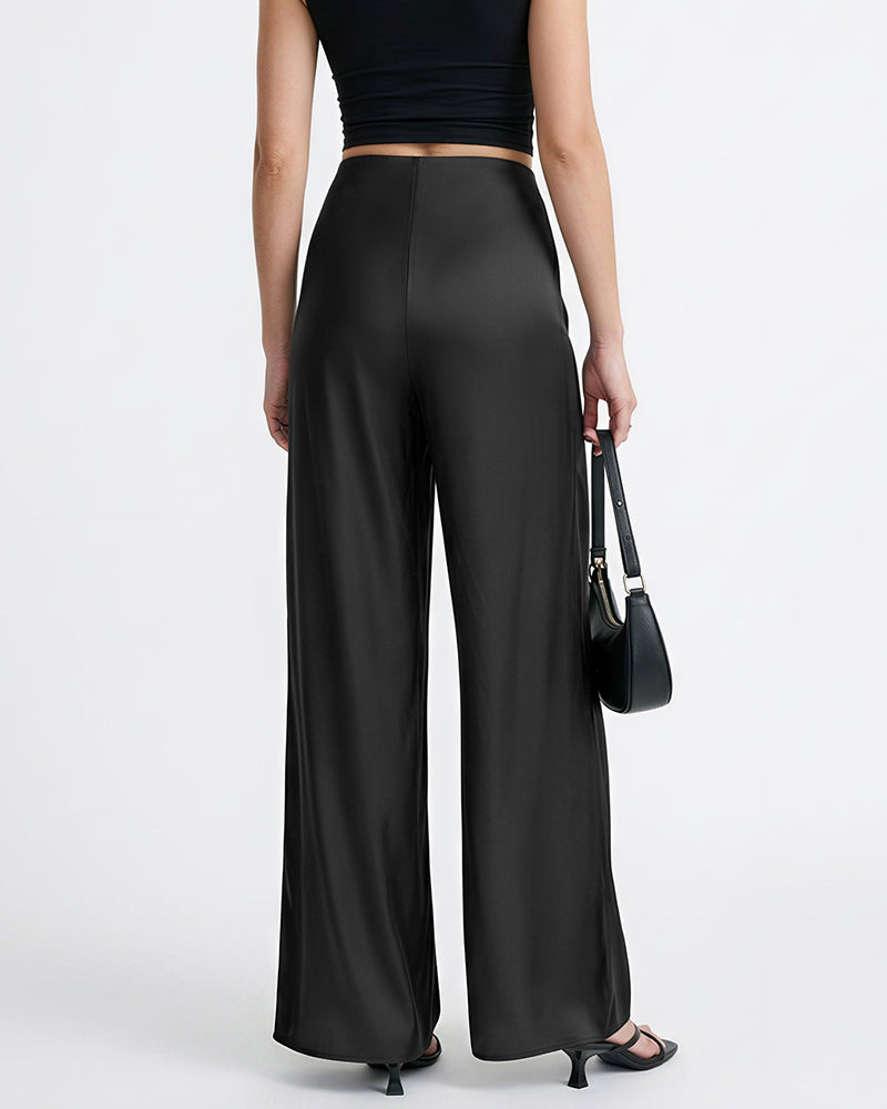 Willluxe® Mid-Waisted Liquid Drape Satin Wide-Leg Pants