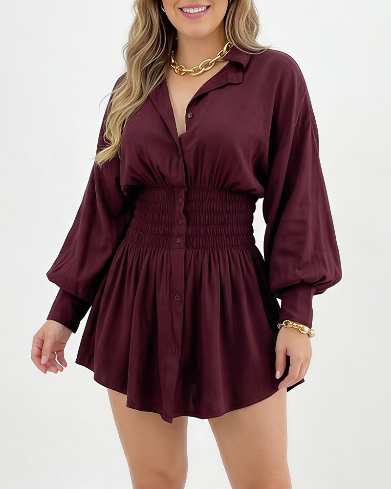 Willluxe® Cinched Waist Long Sleeve Button-Down Shirt Dress