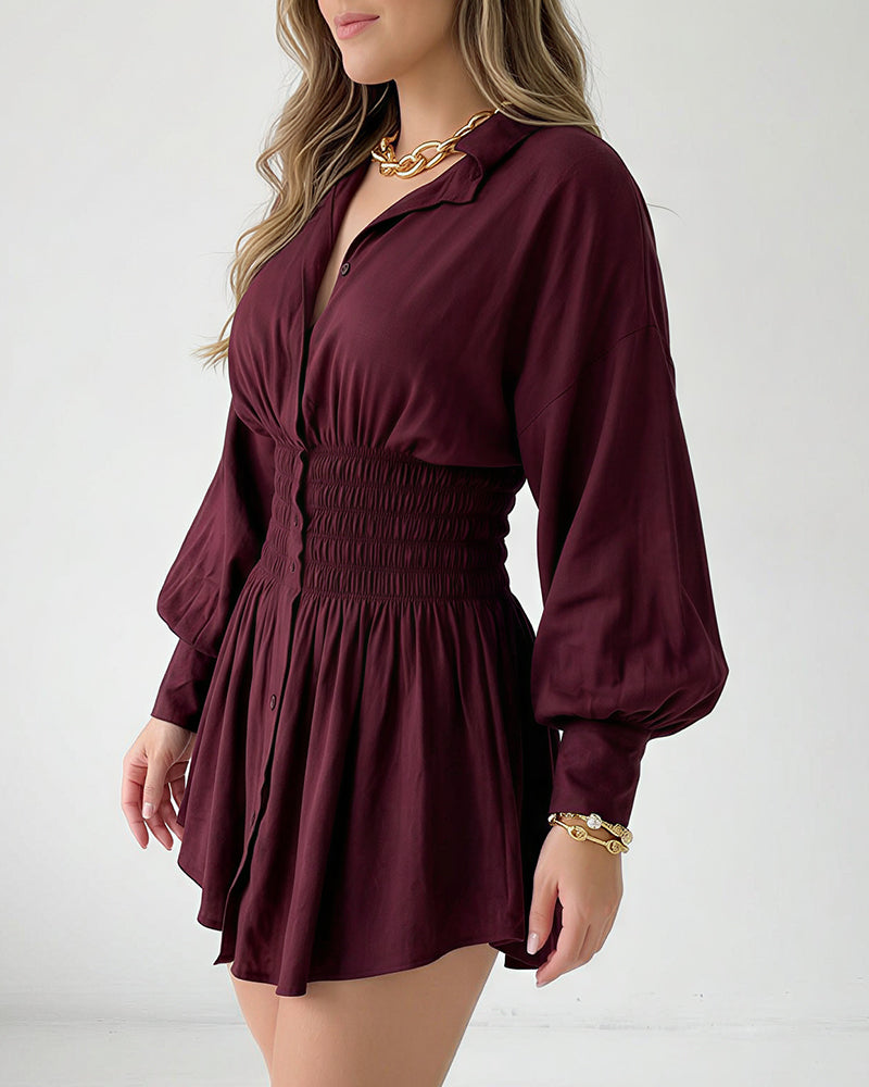 Willluxe® Cinched Waist Long Sleeve Button-Down Shirt Dress