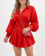 Willluxe® Cinched Waist Long Sleeve Button-Down Shirt Dress