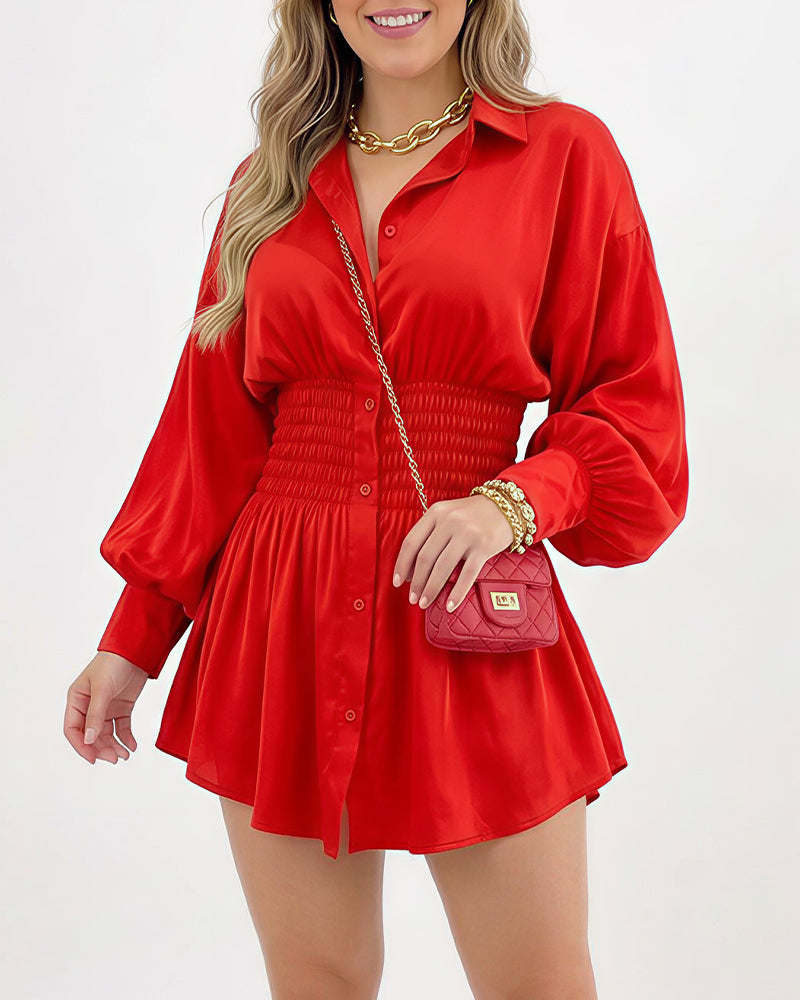 Willluxe® Cinched Waist Long Sleeve Button-Down Shirt Dress